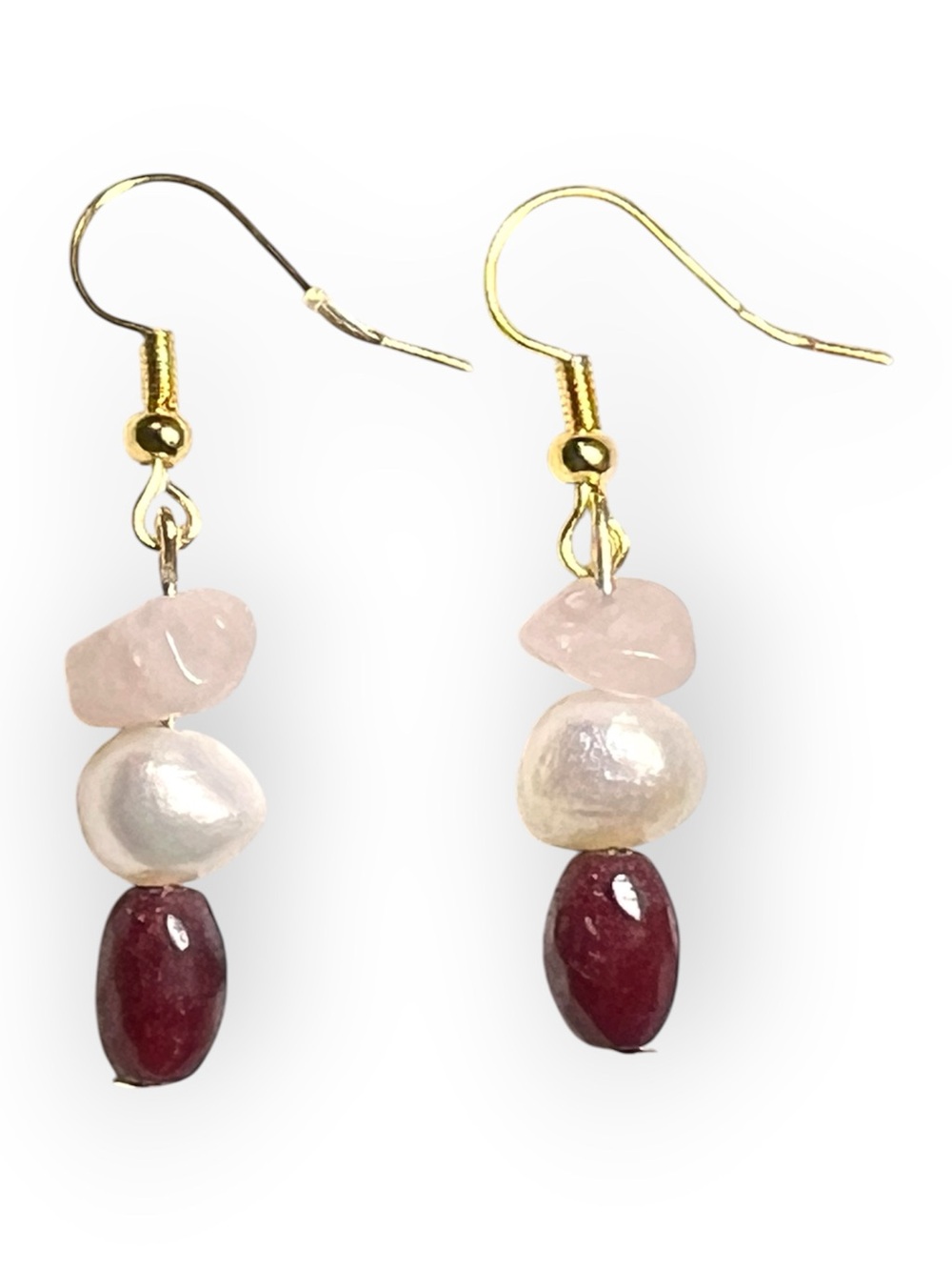 Handmade Gold Tone Earrings with Pink Rose Quartz, Freshwater Pearl & Garnet